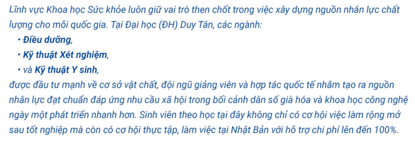ĐH Duy Tân đào tạo các ngành Điều dưỡng, Kỹ thuật Xét nghiệm và Kỹ thuật Y sinh