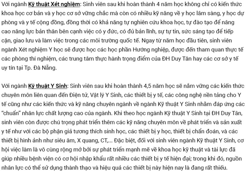 ĐH Duy Tân đào tạo các ngành Điều dưỡng, Kỹ thuật Xét nghiệm và Kỹ thuật Y sinh
