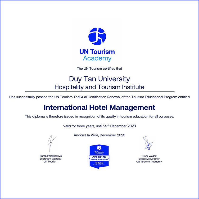 Ngành Du lịch của ĐH Duy Tân tiếp tục đạt UN Tourism TedQual trong đợt tái kiểm định