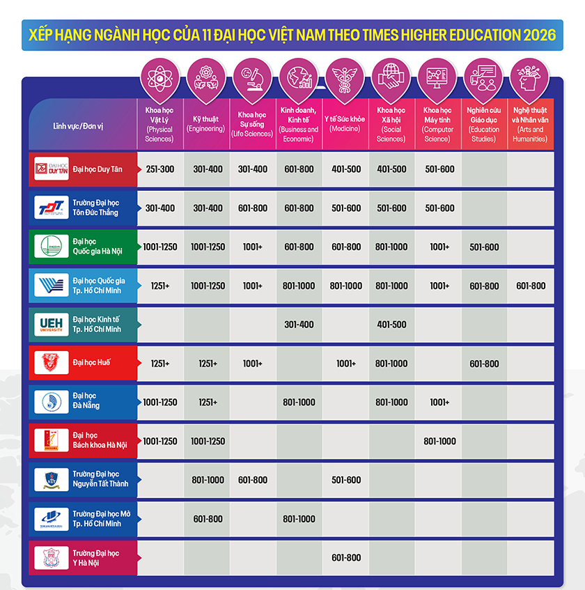 Các Đại học của Việt Nam theo Nhóm ngành trên bảng xếp hạng TIMES HIGHER EDUCATION (THE) 2026